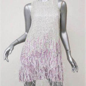 Parker Allegra Embellished TRAPEZE  DRESS WITH FEATHER TRIM White size XS